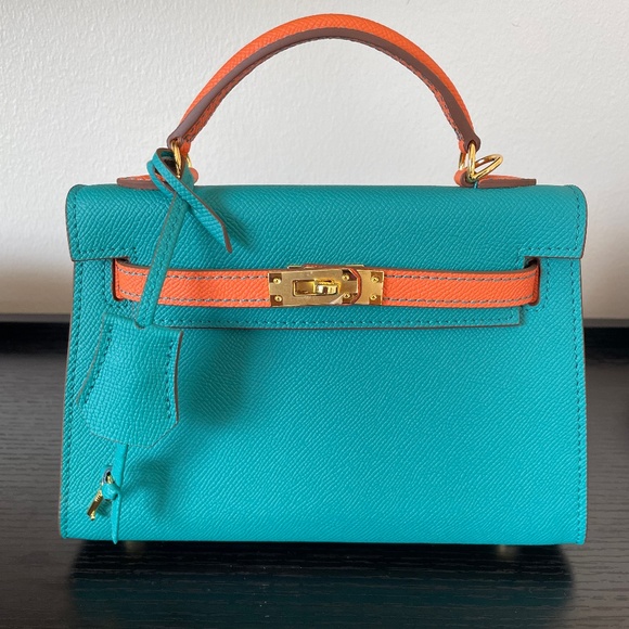 Mini Top Handle Satchel Bag - Turquoise and Orange - Picture 3 of 12